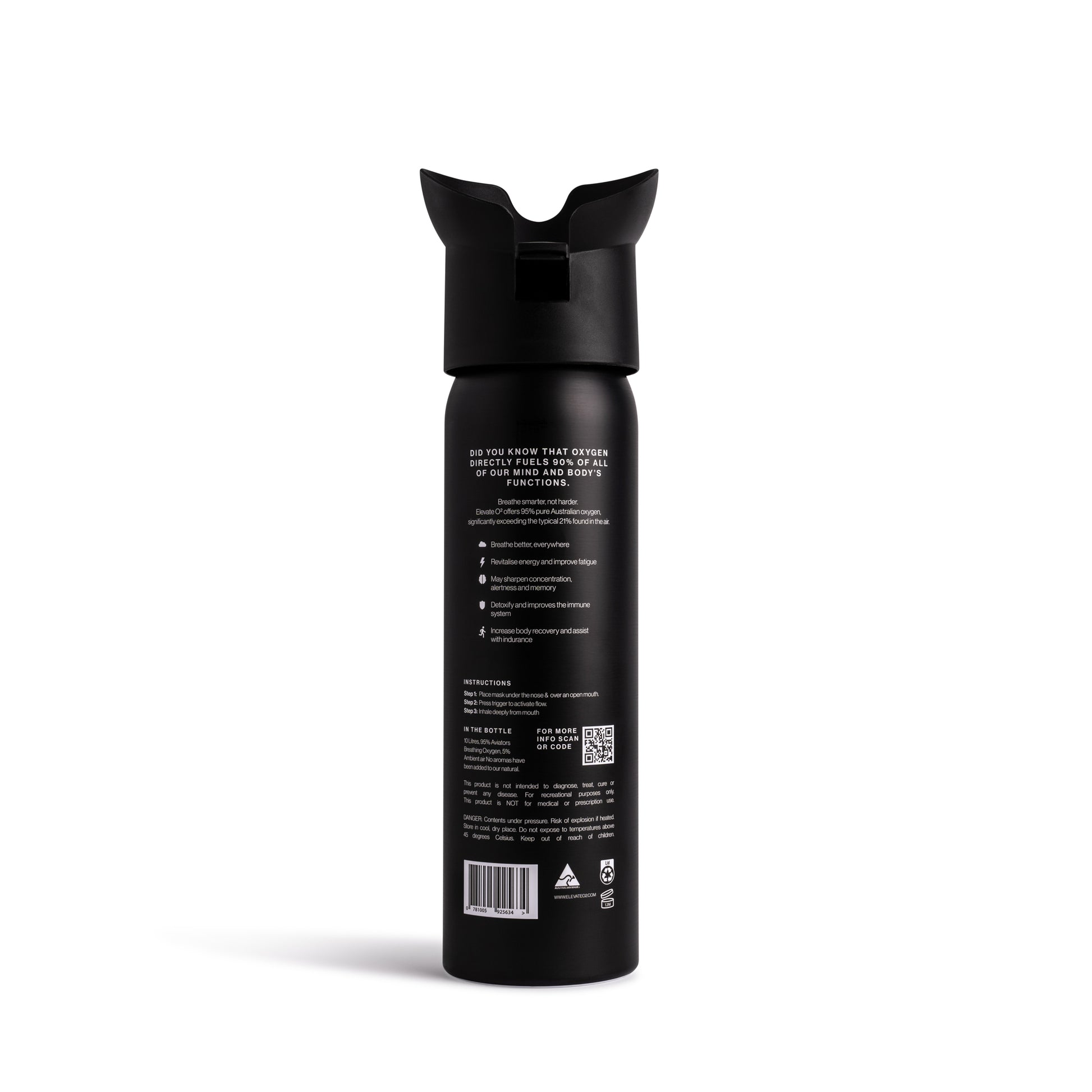 Elevate O₂ Sport black portable oxygen canister back label — 95% pure Australian oxygen with usage guide and health benefits.