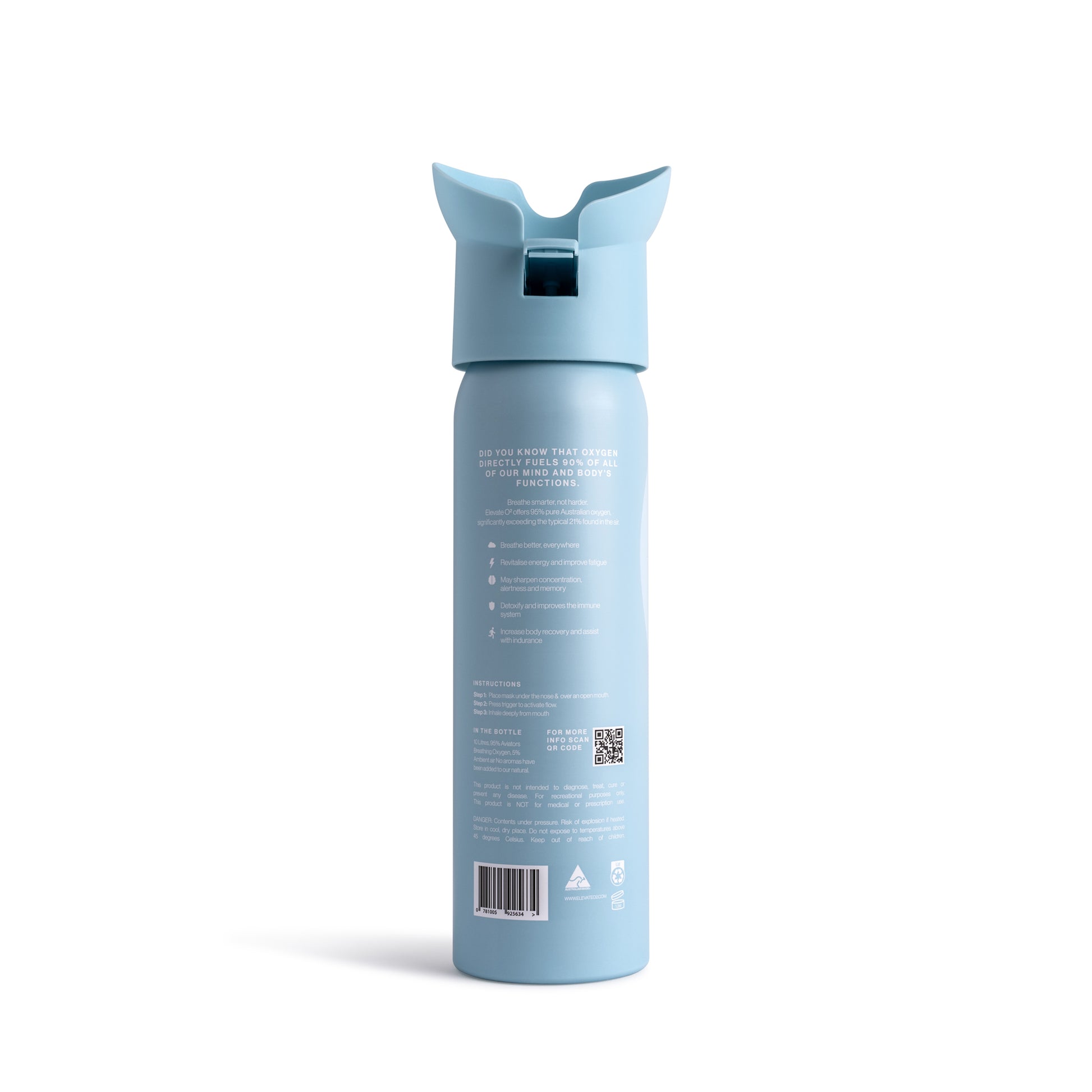 Elevate O₂ Pure blue portable oxygen canister back label — 95% pure Australian oxygen with directions for use and wellness benefits