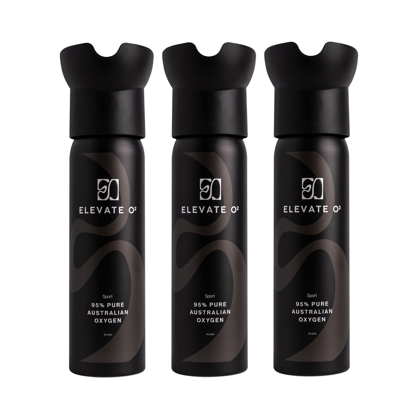 Elevate O₂ Sport three-pack of black portable oxygen canisters — 95% pure Australian oxygen for athletic performance, endurance, and recovery.