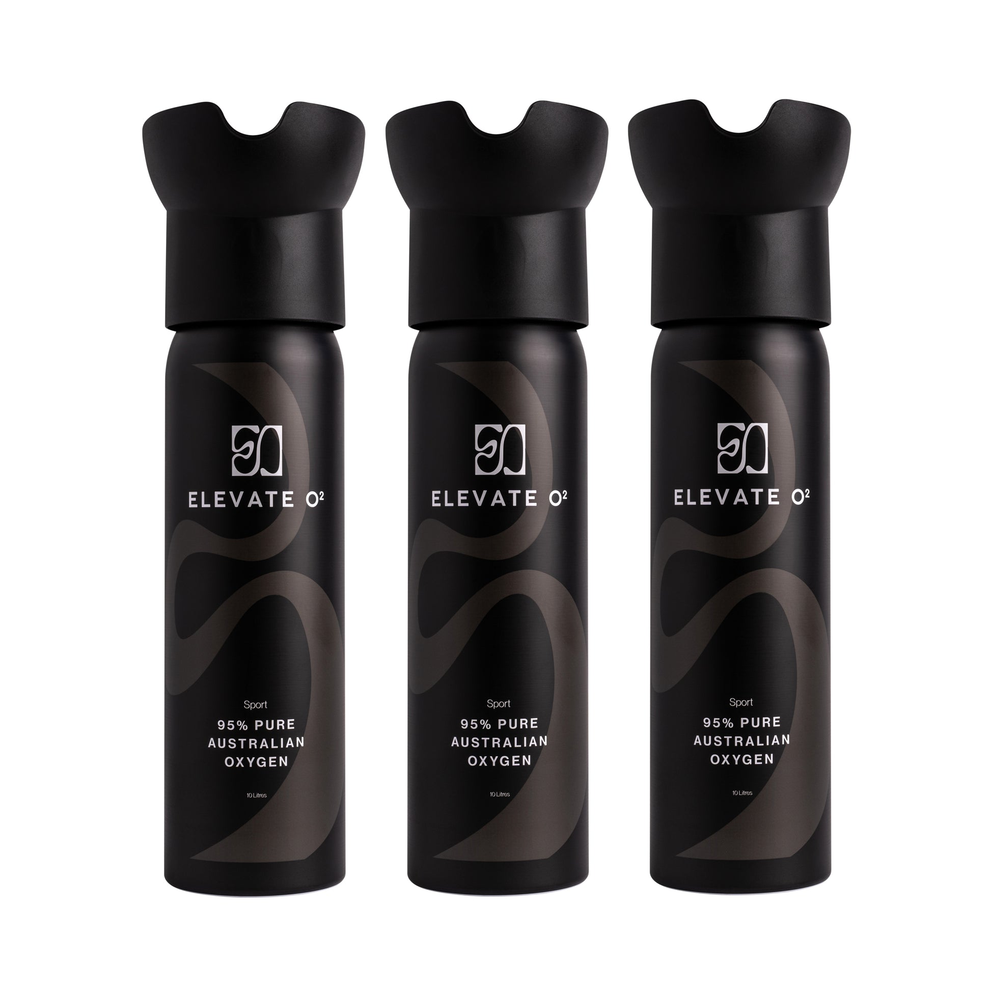 Elevate O₂ Sport three-pack of black portable oxygen canisters — 95% pure Australian oxygen for athletic performance, endurance, and recovery.