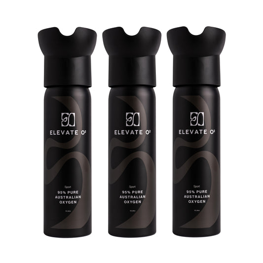 Elevate O₂ Sport three-pack of black portable oxygen canisters — 95% pure Australian oxygen for athletic performance, endurance, and recovery.