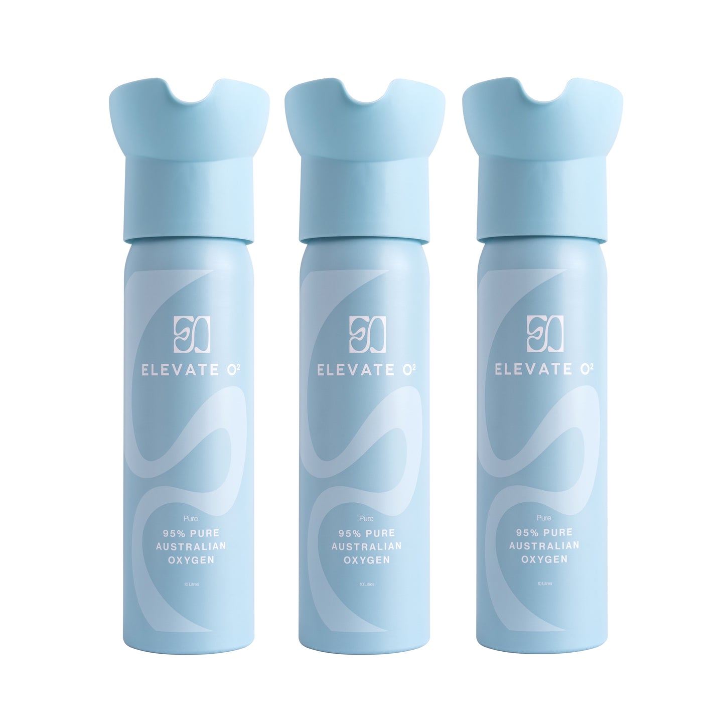 Elevate O₂ three-pack of blue portable oxygen canisters — 95% pure Australian oxygen for energy, recovery, and wellness.