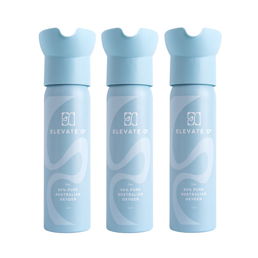 Elevate O₂ three-pack of blue portable oxygen canisters — 95% pure Australian oxygen for energy, recovery, and wellness.