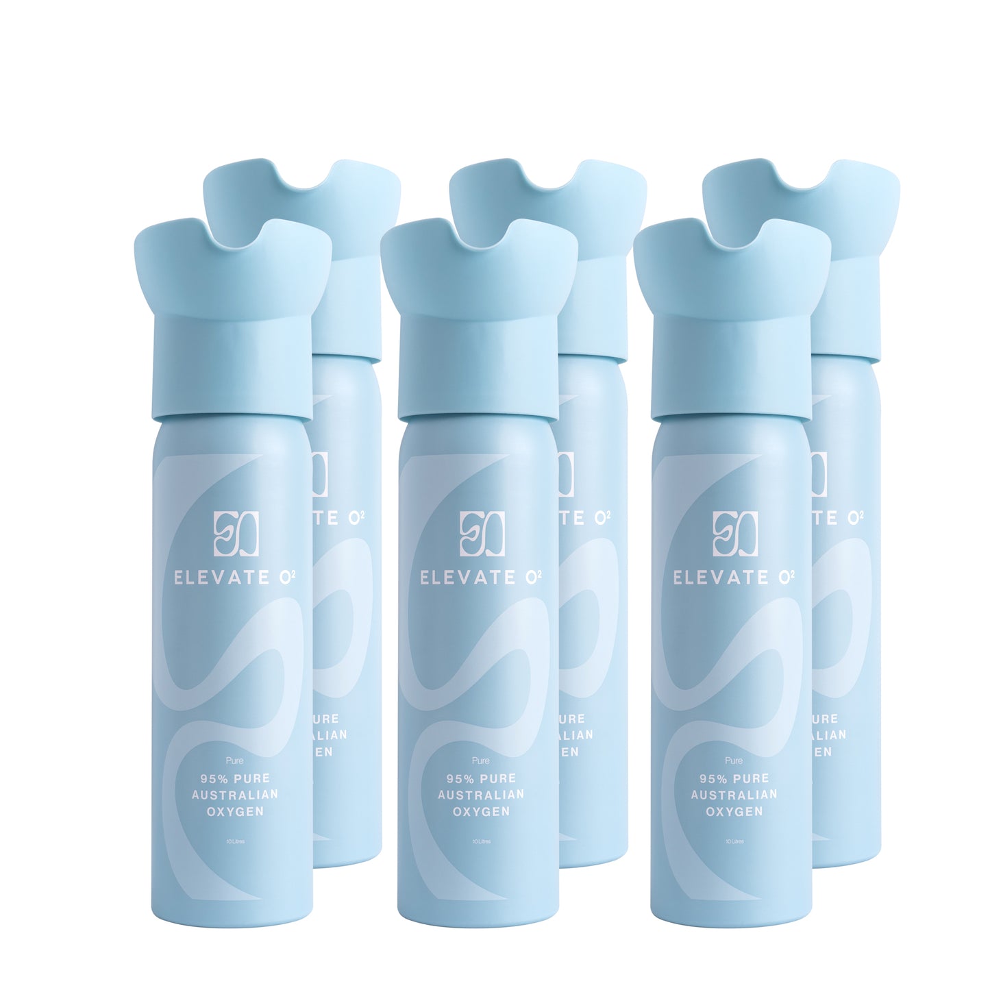 Elevate O₂ six-pack of blue portable oxygen canisters — 95% pure Australian oxygen for energy, recovery, and wellness.