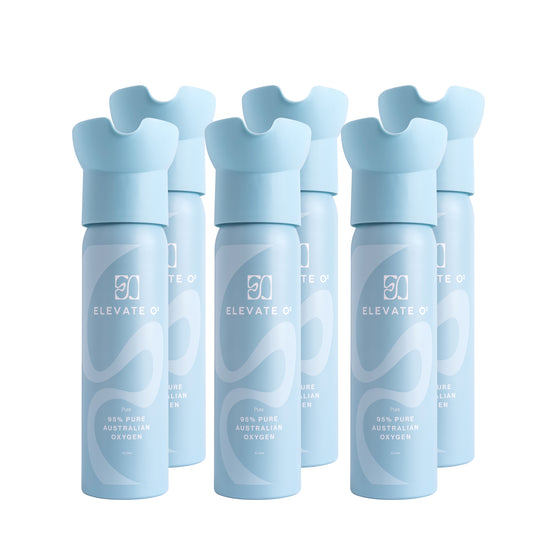 Elevate O₂ six-pack of blue portable oxygen canisters — 95% pure Australian oxygen for energy, recovery, and wellness.