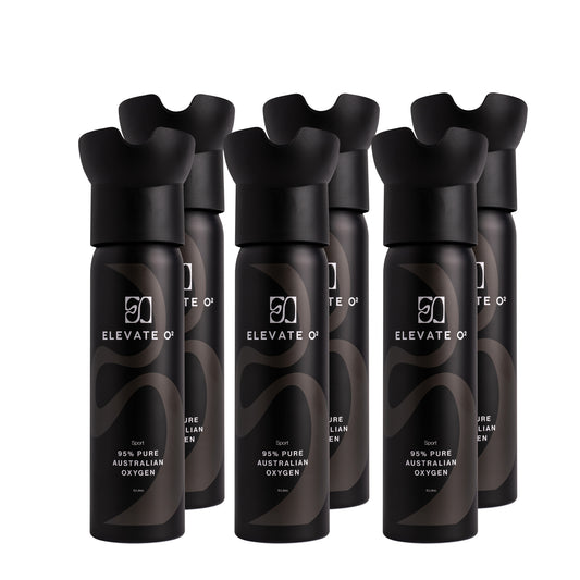 Elevate O₂ Sport six-pack of black portable oxygen canisters — 95% pure Australian oxygen for athletic performance, endurance, and recovery.