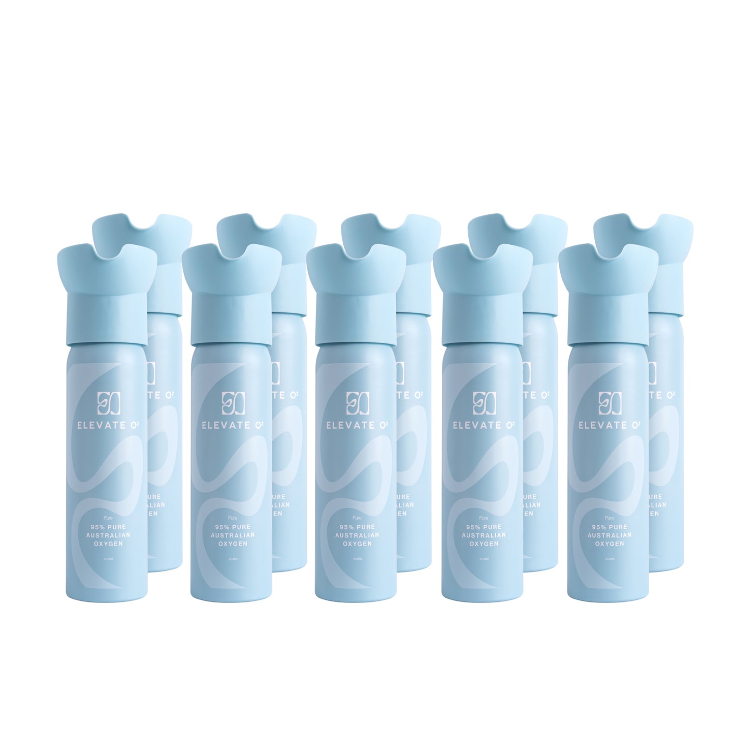 Elevate O₂ ten-pack of blue portable oxygen canisters — 95% pure Australian oxygen for energy, recovery, and wellness.