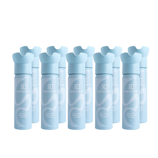 Elevate O₂ ten-pack of blue portable oxygen canisters — 95% pure Australian oxygen for energy, recovery, and wellness.