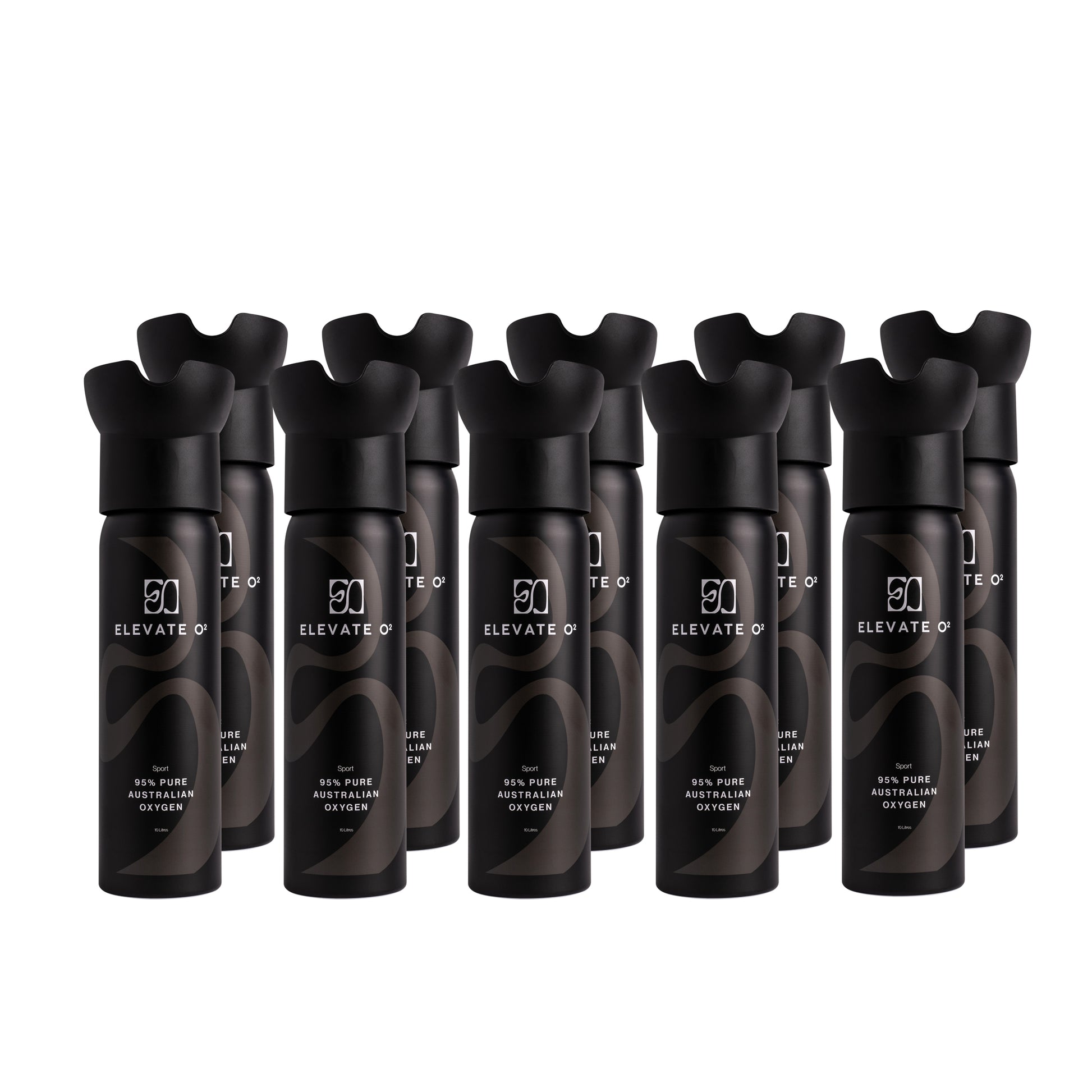 Elevate O₂ ten-pack of black portable oxygen canisters — 95% pure Australian oxygen for performance, focus, and recovery.