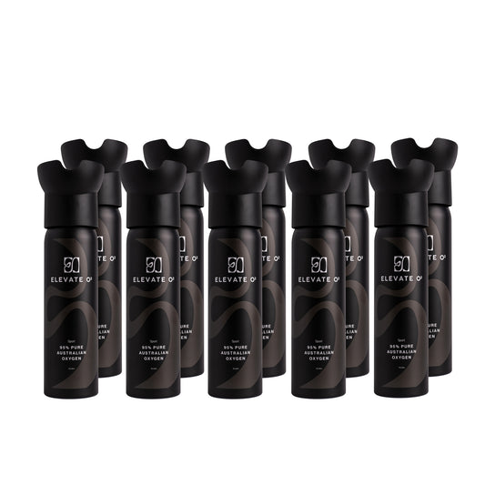 Elevate O₂ ten-pack of black portable oxygen canisters — 95% pure Australian oxygen for performance, focus, and recovery.