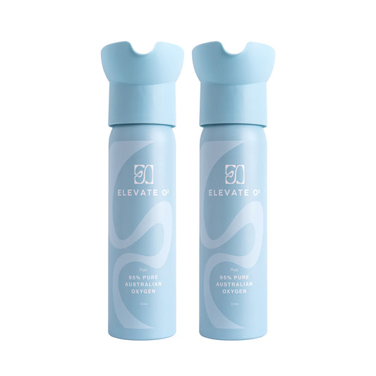 Elevate O₂ two-pack of blue portable oxygen canisters — 95% pure Australian oxygen for energy, recovery, and wellness.