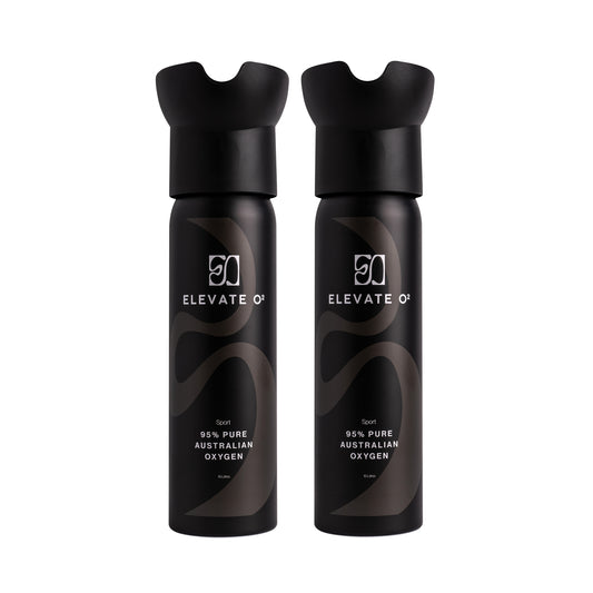 Elevate O₂ Sport two-pack of black portable oxygen canisters — 95% pure Australian oxygen for athletic performance, endurance, and recovery.