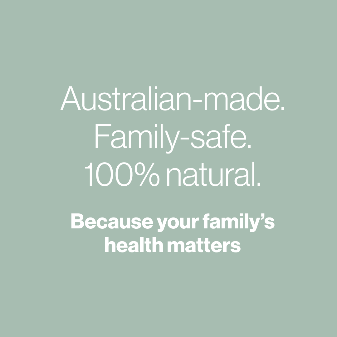 Text on a light green background stating 'Australian-made. Family-safe. 100% natural.' for Elevate 02